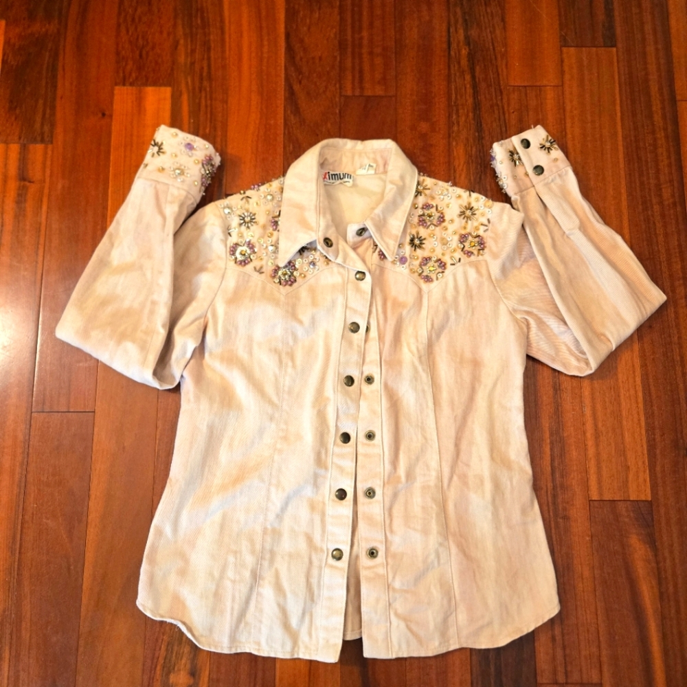 Vintage Cream Gem-Embellished Snap Button Women's 10 Shirt Boho Western Cottage